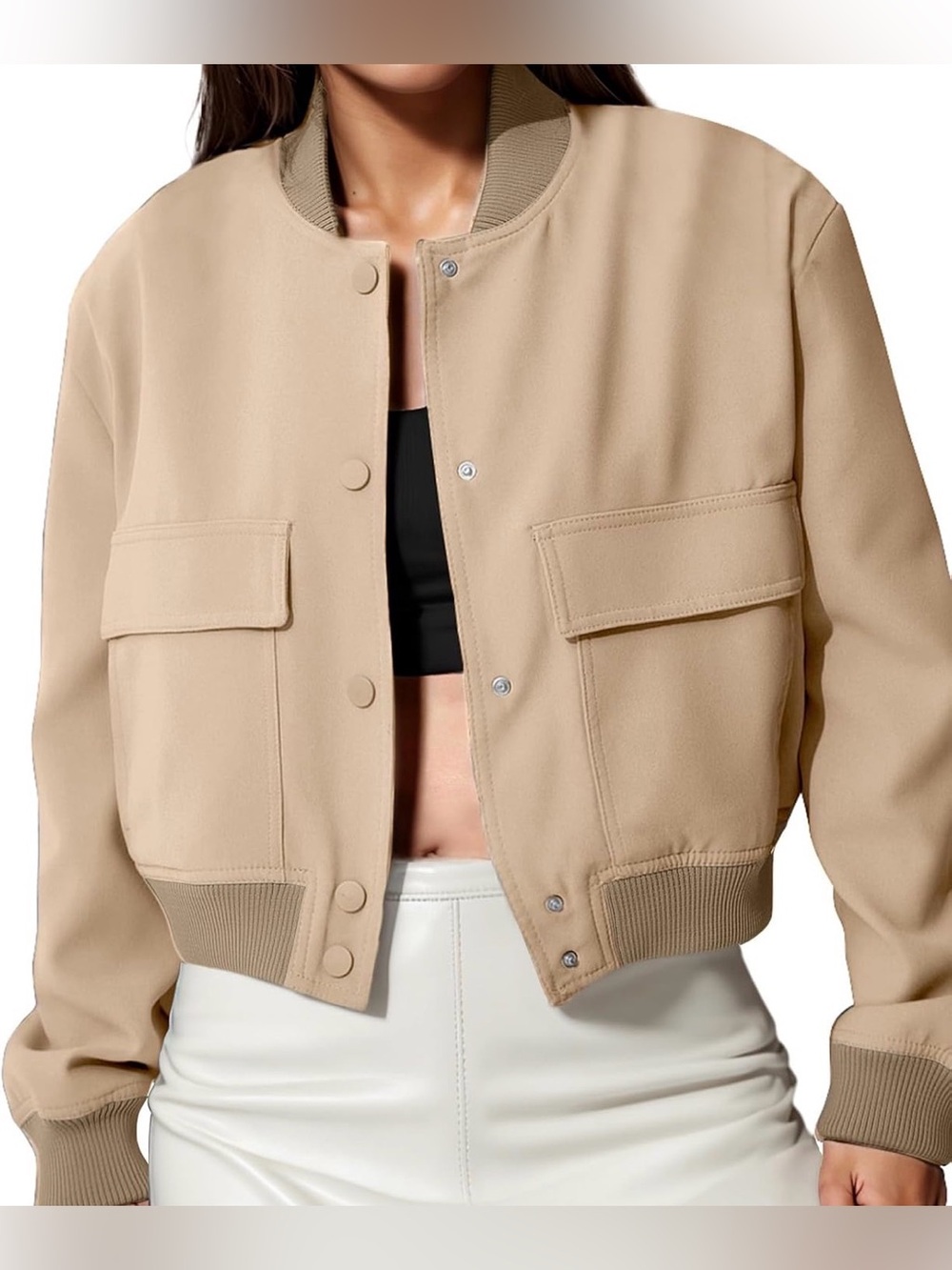 Modegal Beige Cropped Bomber Jacket Size Small Shoulder Pads